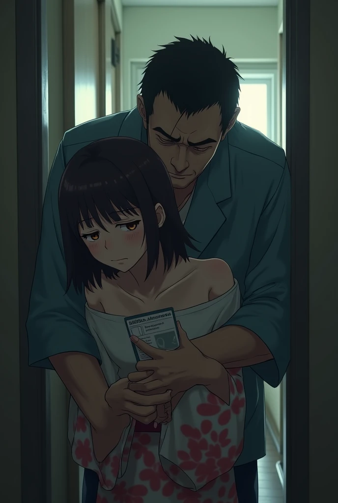 masterpiece, Highest quality, figure, Very detailed, The finer details, High resolution, 8k,wallpaper, Perfect dynamic composition,(Detailed high quality, Realistic depiction of eyes:1.3), A photo taken in a narrow hotel room。A high schoolwith blunt bangs, wearing an off-shoulder yukata, looks straight ahead with teary eyes and shows her student ID card.。A grown man with a sly smile hugs a girl from behind