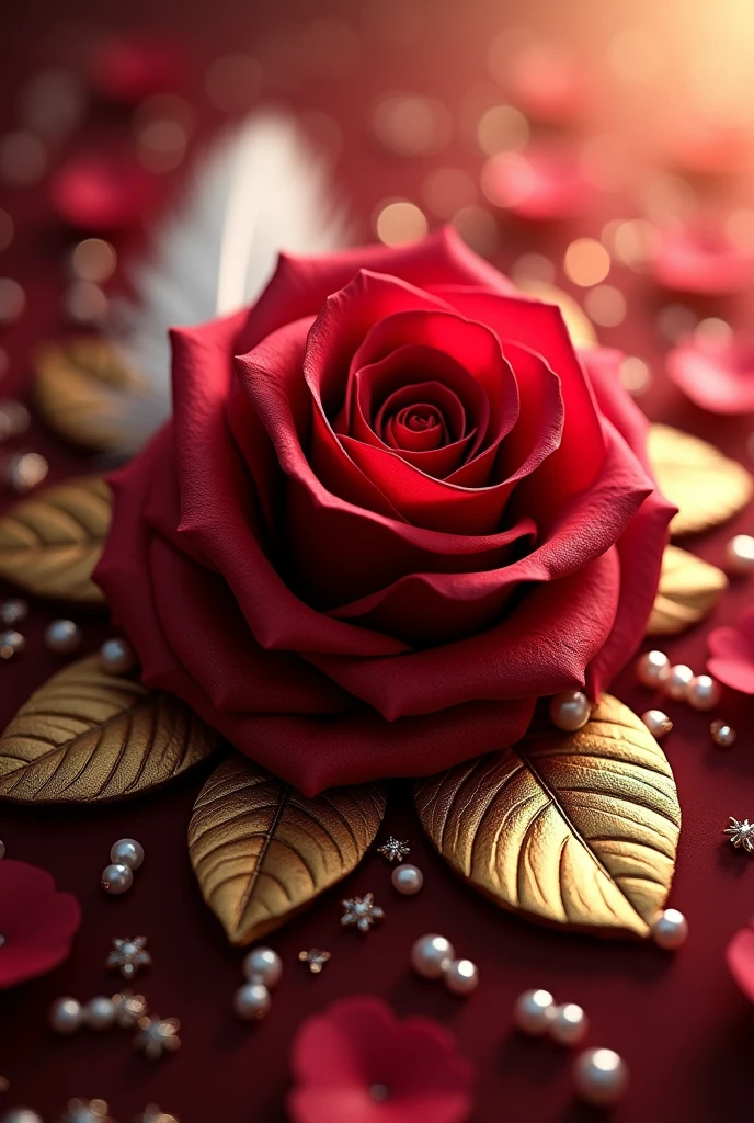 pearls and a white feather. A realistic, deep red rose with golden leaves is placed next to the letter 'Seema sahil ,' giving the design a luxurious and royal feel. The entire nameplate is surrounded by soft, radiant light, with subtle sparkles enhancing its glamorous appearance."