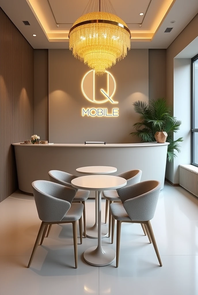 View of the reception shop of a mobile shop, with right left mobiles rage, gray or white accents, a warm yellow crystal chandelier, and a shop logo on the wall behind the reception desk, "Q MOBILE." ", there is a set of tables and chairs of the same tone