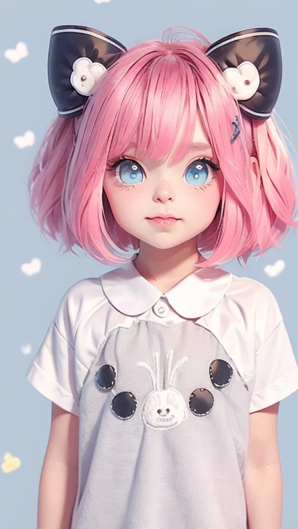 Ski Style, One person, alone, Pink Hair, Animal ears, blue eyes, wing, View your viewers, bangs, short hair, bow, Sailor collar, white Sailor collar, hair bow, pink bow, Mouth closed, shirt, white shirt, Bear ears, Bobcut, mini wing, Portraiture, detached wing, compensate, Upper Body, Background city