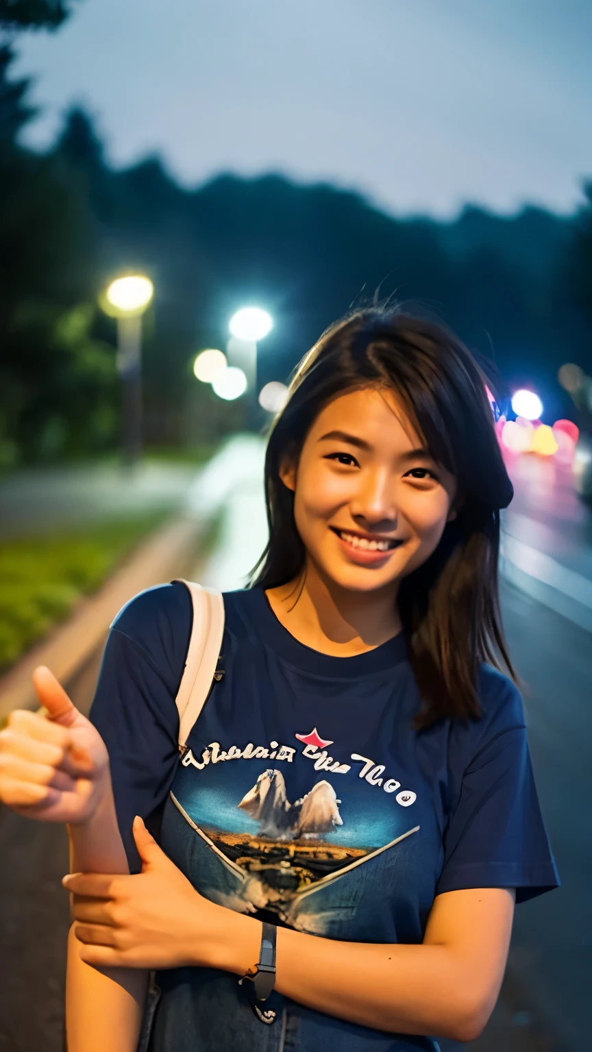 She is hitchhiking with her right thumb up.。T-Shirts jeans A woman is waiting for a truck by the side of the road light rain night Town Light
