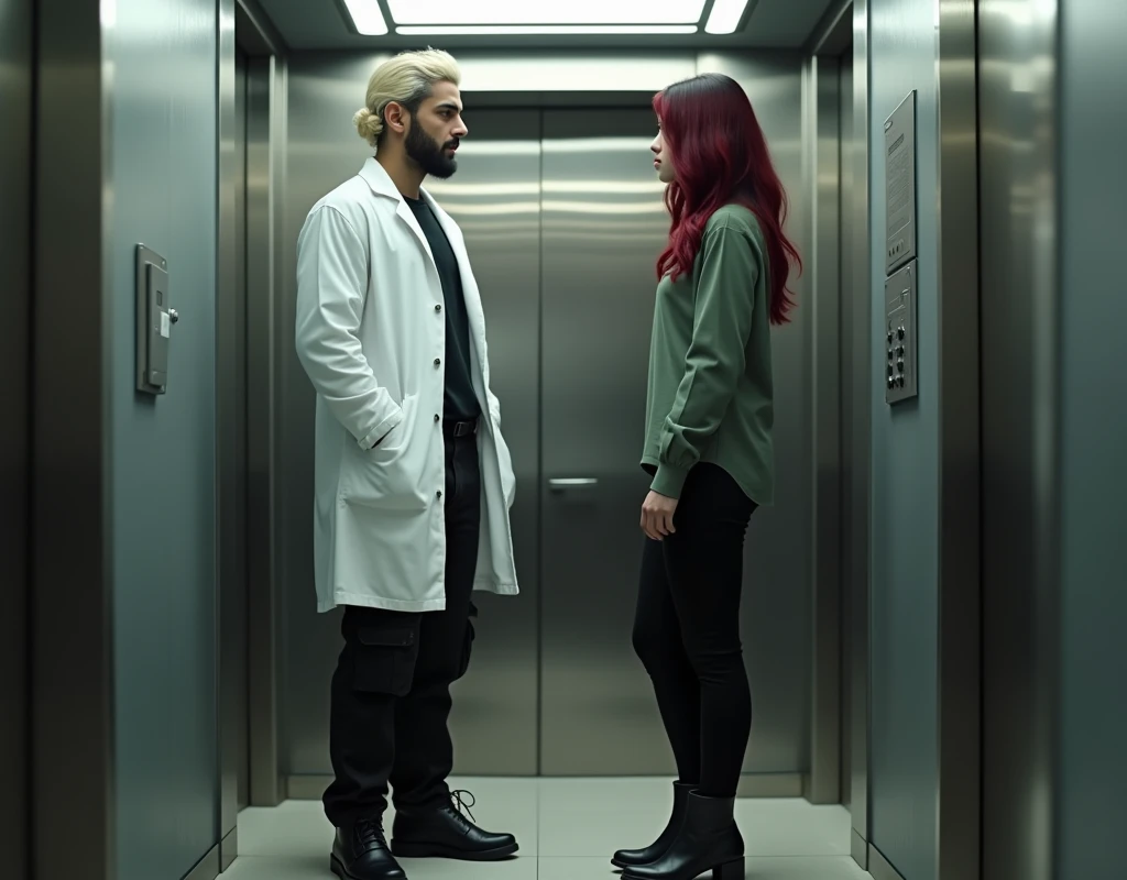 attractive Arabic man (216cm tall:1.6), platinum blond wavy swept-back crew cut, dark skin, long black stubble, white lab coat, black t-shirt, black cargo pants, black boots, standing inside elevator next to a young woman (170cm short:1.6), vibrant maroon side-parted long wavy hair, very pale skin, soft green silk work blouse, low-rise black pants and black boots, hip shot, photorealistic, cinematic, 8k