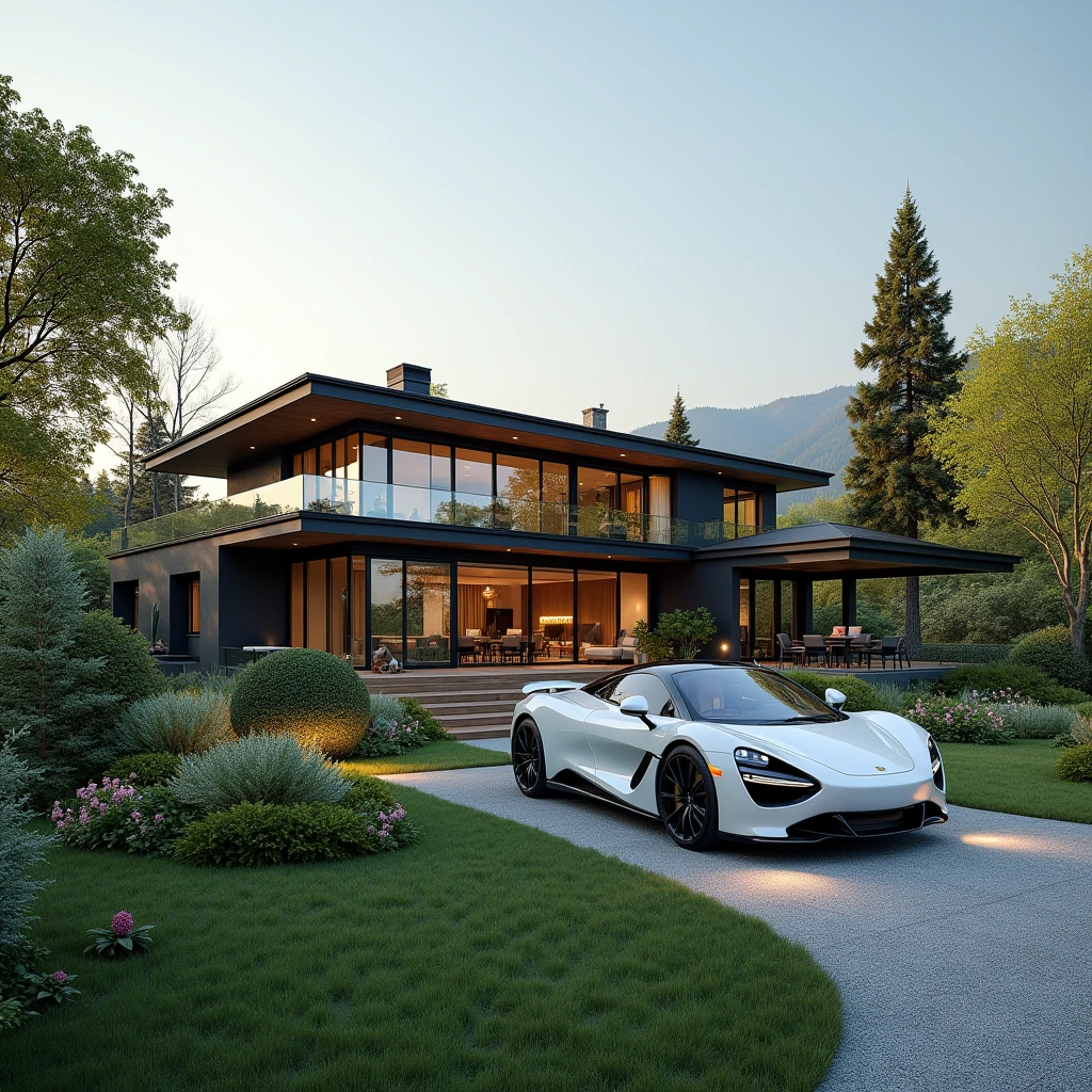 Create me a beautiful villa, secluded in a beautiful country with beautiful looks. The villa should be very luxurious and have a beautiful car. 