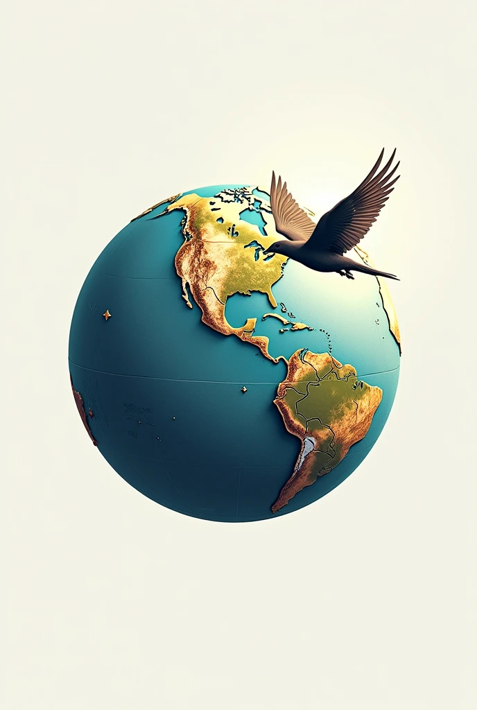 Make a photo of a one side way flying bird on front of full orginal globe for a logo