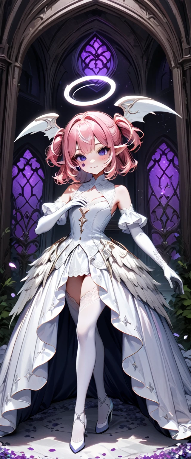 UHD, masterpiece, best quality, extremely detailed, anatomically correct, sharp focus, Midnight, purple moon, Church , altar isle, falling petals, ((full body portrait)), 1girl, solo, camilavtuber, ((pink hair)), short hair, shoulder length hair, curly hair,  white halo,(white head wings:1.5), ((twin ponytail)), purple eyes, (facial mark), smiling, slim arms, white laced arm sleeves, white gloves ,small chest, (angel wing:1.3), white wedding gown, high slit gown, slim legs, white laced stockings, white high heels, full body shot, close up, innocent pose, Eye-Level Shot, front view, innocent pose, scattered petals