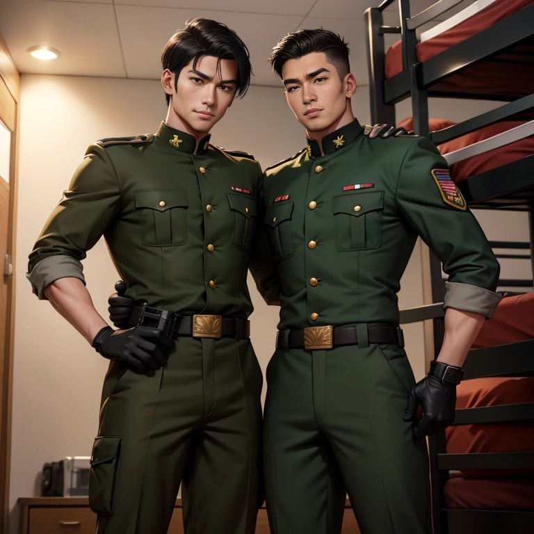 anime、Zeon Army soldiers、30 years old,Two Men,、Dark green military uniform、Shocker Belt、Black gloves、Brown boots、With a handgun on his hip、lodging house、In front of the bunk bed、logic, ,Black Hair。Pretty short and even shorter short hair、Tall, handsome military officer　Asian Face　Stubble、　The crotch area of my pants is bulging　Smiling and putting your arm around someone&#39;s shoulder　