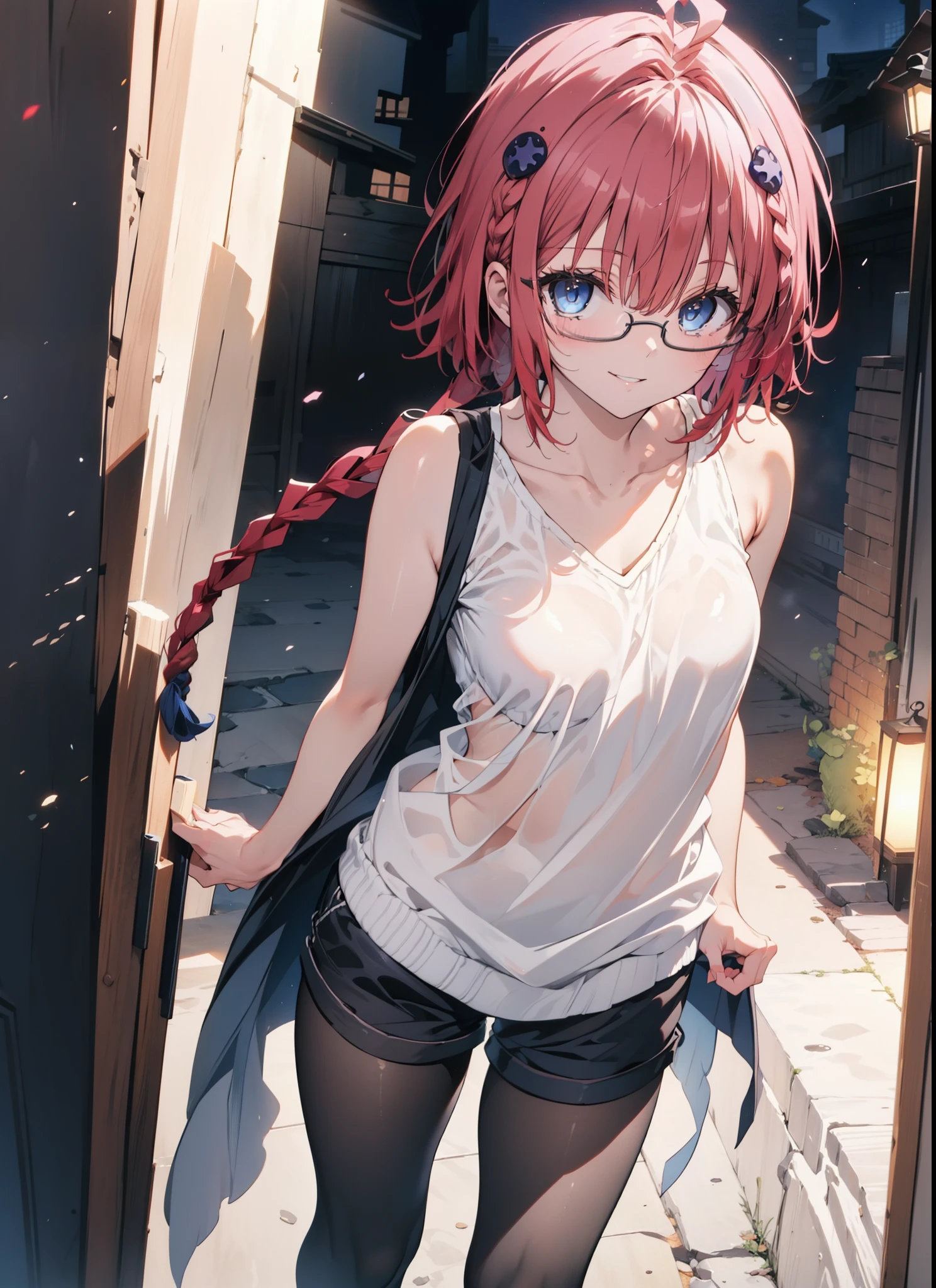 meakurosaki, Meia Kurosaki, Ahoge, blue eyes, Braiding, Hair Intake, hair ornaments, Long braids, Redhead,smile,Oversized one-shoulder sweater,Shorts,Black pantyhose,short boots,Walking,Glasses,night,moonlight,whole bodyがイラストに入るように,
break looking at viewer,whole body, (Cowboy Shot:1. 5),
break outdoors, In town,
break (masterpiece:1.2), Highest quality, High resolution, unity 8k wallpaper, (figure:0.8), (Beautiful attention to detail:1.6), Highly detailed face, Perfect lighting, Highly detailed CG, (Perfect hands, Perfect Anatomy),
