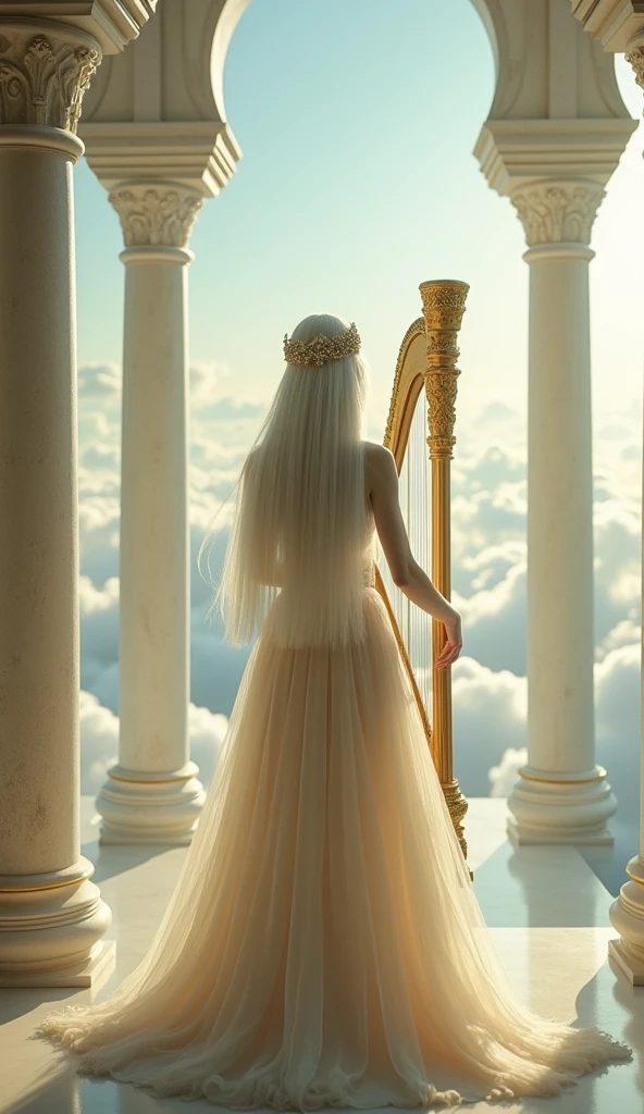 This image depicts a stunning, ethereal scene that looks like a blend of fantasy and reality. standing with her back facing the viewer, adorned in an elegant, flowing gown with intricate gold accents. The setting appears to be a grand palace or temple suspended in the clouds, with tall, ornate columns and arches that frame a breathtaking sky filled with light and clouds. The overall ambiance is serene and majestic, evoking a sense of divine or heavenly presence. The lighting is soft and radiant, enhancing the dreamlike quality of the scene., cinematic photo, 35mm photograph, film, bokeh, professional, 4k, highly detailed, depicts a serene, ethereal scene featuring a delicate figure playing a harp. The character appears otherworldly, with pale skin and long, flowing white hair adorned with intricate, shimmering accessories. The setting seems to be a dreamy, celestial environment, filled with soft, glowing lights that enhance the magical ambiance. The figure's clothing is equally ethereal, with light, translucent fabric that adds to the otherworldly, almost angelic feel of the image.