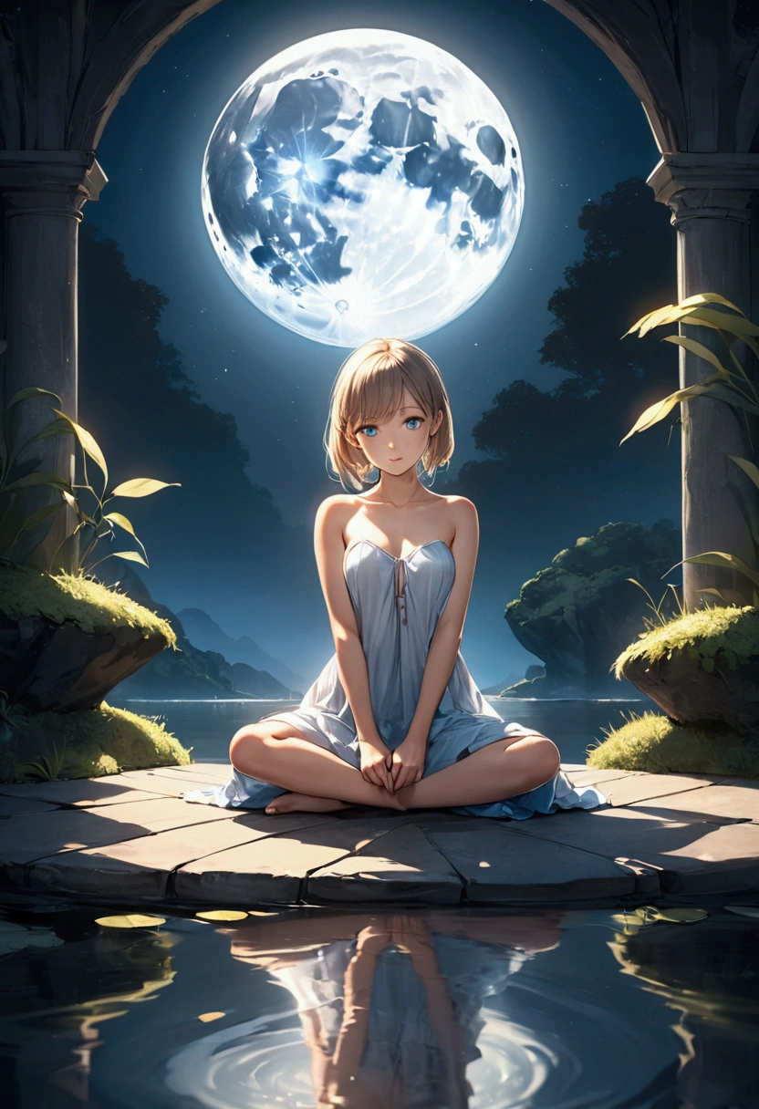 Girl shines in the light, the moon's shadow reflected in her blue eyes. she is sitting on the water, exposing her bare shoulders and bare arms. Her figure is fantastical and lovely, as if it were a mirror effect., Maximum detailed textures, Maximum detailed shadows, Maximum detailed backgrounds, ,full body