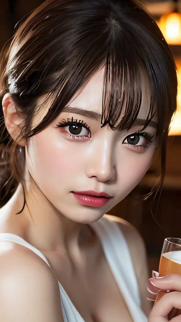 Tabletop, Highest quality, shape, Very detailed, High resolution, 8k wallpaper, Perfect dynamic composition, Ultra detailed face,  Natural Lip , Cleavage, (The eyelashes on both eyes are equal and beautiful.), looking at the camera, Izakaya, (whole body), drinking