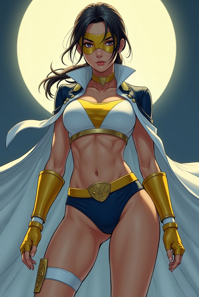 Female, age 25-30, japanese, dark hair, low ponytail, muscle, full body, costume: golden domino mask, gold choker, white cape, sleeveless white suit with navy sides, up side down yellow triangle symbol, belly cutout, yellow undies, thighs out, white thigh-high socks, yellow boots, yellow fingerless gloves, white shooter sleeves, metallic accents, moon background