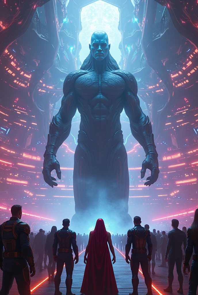 The Avengers arrive at a grand, otherworldly arena on an advanced space station. The arena is filled with vibrant alien architecture, glowing lights, and a mix of futuristic and alien elements. Lord Zarnak, a towering alien with a menacing presence, stands at the center, welcoming them