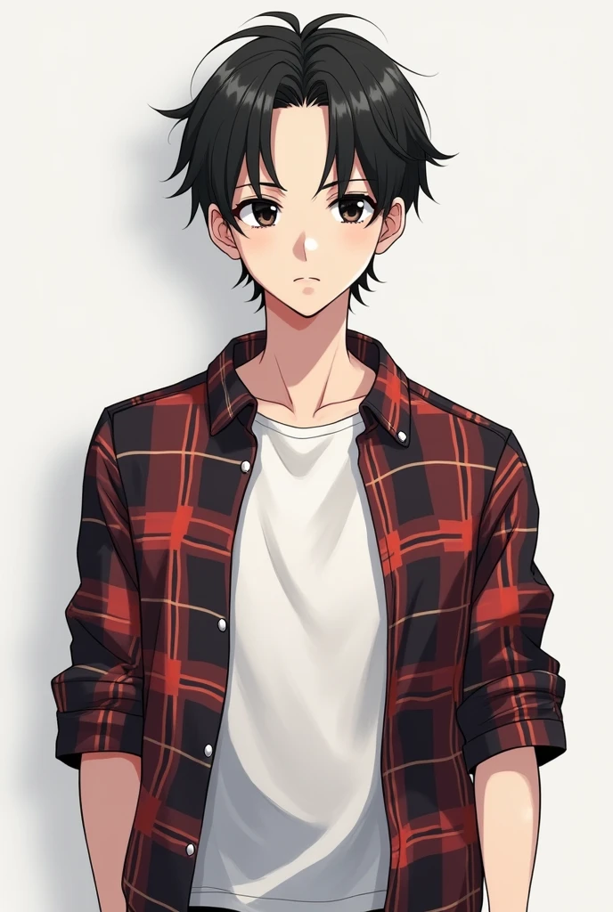 20-year-old white anime boy, wearing an open casual plaid button-down shirt with a regular shirt underneath, middle part hair at eye level, serious with black eyes, with a slightly strong and defined physique front photo