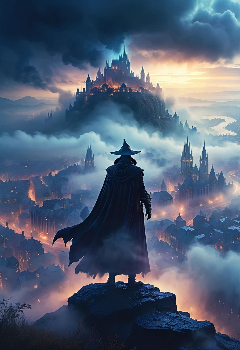 fantasy dark mage standing on hill above city, mysterious fog emanating from hands covering entire fantasy city, visible magic creating fog from hands, barely visible under fog, comic book art style, detailed character, cinematic lighting, dramatic clouds, moody atmosphere, high quality, 8k, hyper detailed