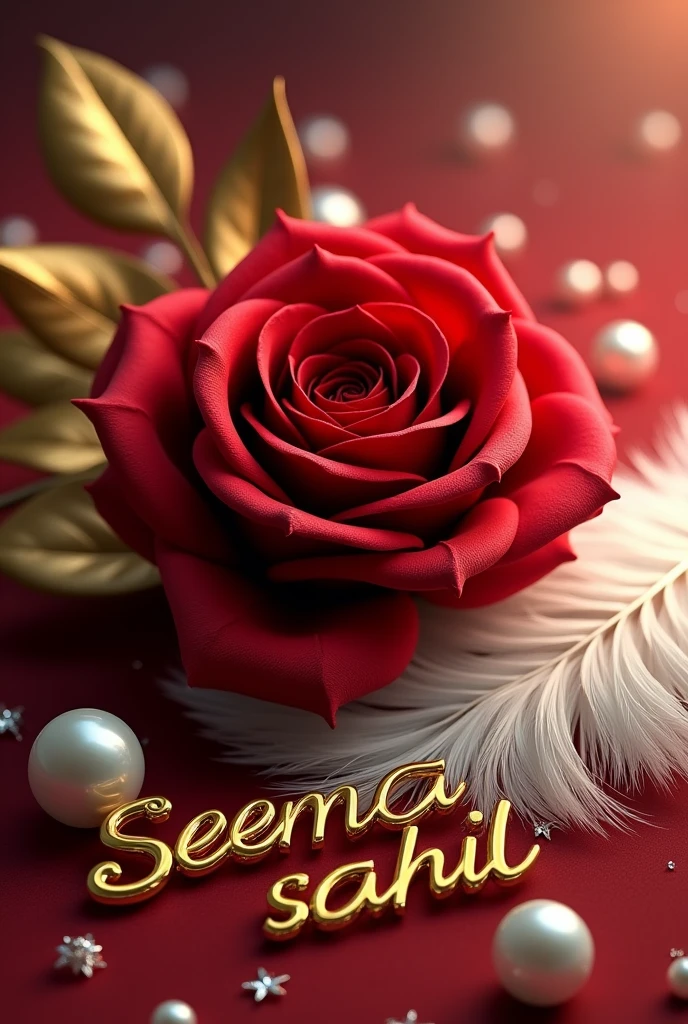 pearls and a white feather. A realistic, deep red rose with golden leaves is placed next to the letter 'Seema sahil ,' giving the design a luxurious and royal feel. The entire nameplate is surrounded by soft, radiant light, with subtle sparkles enhancing its glamorous appearance."