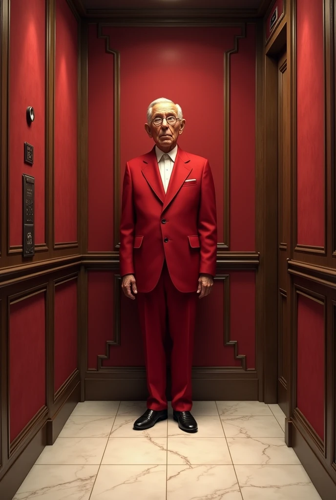 Create an image of an old but elegant elevator, with its walls of fine red fabrics but with dust, that its floor is made of white marble and that it gives a feeling of pure elegance. That has a very elegant elevator operator in a red suit, and that he is an old man of short stature and against a wall of the elevator