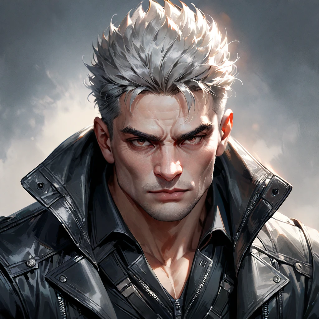 1boy, solo, male focus, realistic, upper body, jacket, closed mouth, coat, black jacket, looking at viewer, black coat, manly, spiked hair, grey hair, ((medium quality)), ((medium quality))