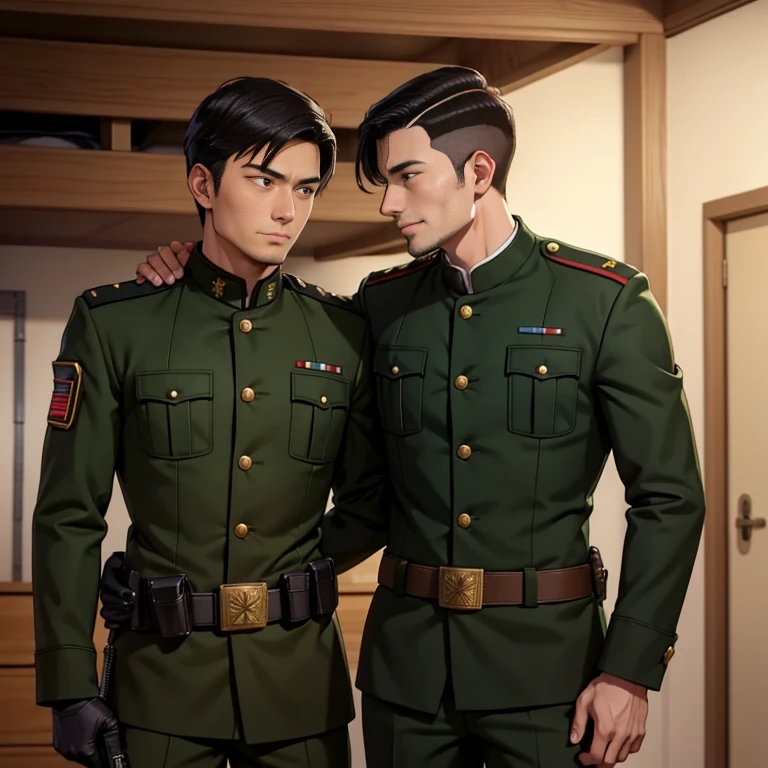 anime、Zeon Army soldiers、30 years old,One Man,、Dark green military uniform、Shocker Belt、Black gloves、Brown boots、With a handgun on his hip、lodging house、In front of the bunk bed、logic, ,Black Hair。Pretty short and even shorter short hair、Tall, handsome military officer　Asian Face　Stubble、　The crotch area of my pants is bulging　Smiling and putting your arm around someone&#39;s shoulder　
