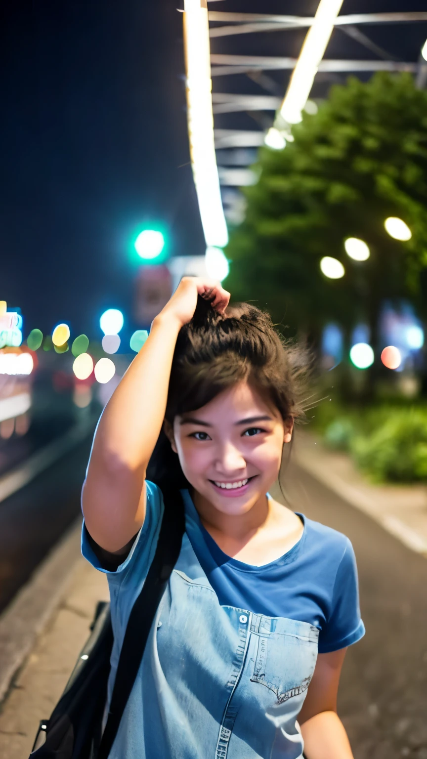 She is hitchhiking with her right thumb up.。T-Shirts jeans A woman is waiting for a truck by the side of the road light rain night Town Light