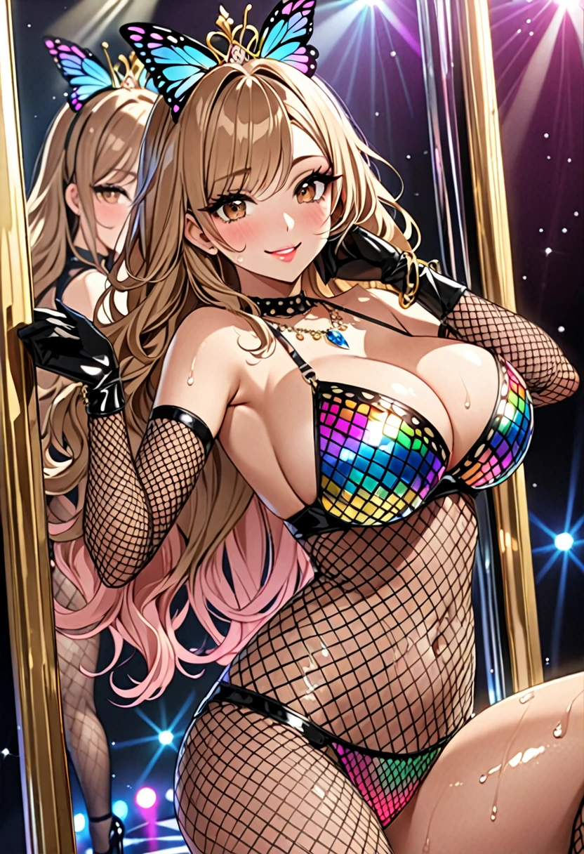 (Highest quality, Ultra-high resolution、The most complex and detailed depiction、masterpiece、8k, RAW Photos, Best image quality、Very detailedな顔、Attention to detail、Beautiful woman、Realistic、photo-Realistic、Very detailed, Beautiful attention to detail:1.5),(One adult woman:1.3)、(blush)、(Gal-style makeup、mascara 、eyeshadow、Dark eyeliner、Long and beautiful eyelashes、False eyelashes、double eyelid、heavy makeup、hostess、Brown eyes、:1.5),(A bra with a pale rainbow gradient butterfly pattern、Light rainbow gradient butterfly pattern panties:1.5)、Gorgeous jeweled necklace、Gold bracelet、A gorgeous gold tiara studded with jewels、Sheer black lace dress、Mesh fabric、Fishnet tights,(Black opera gloves)、(A seductive smile),(under boob、Huge breasts:1.2)、(Cleavage:1.2)、(((Light brown hair、Wavy Hair、Long Hair)))、elongated nose、Face with gills、(Very tanned and shiny skin、Perfect Style,sexy)、Saggy breasts、Large saggy breasts、((Sweat、Your body is wet))、((Dim Club、pole dance))、(Mirror ball)、Sleepy face
