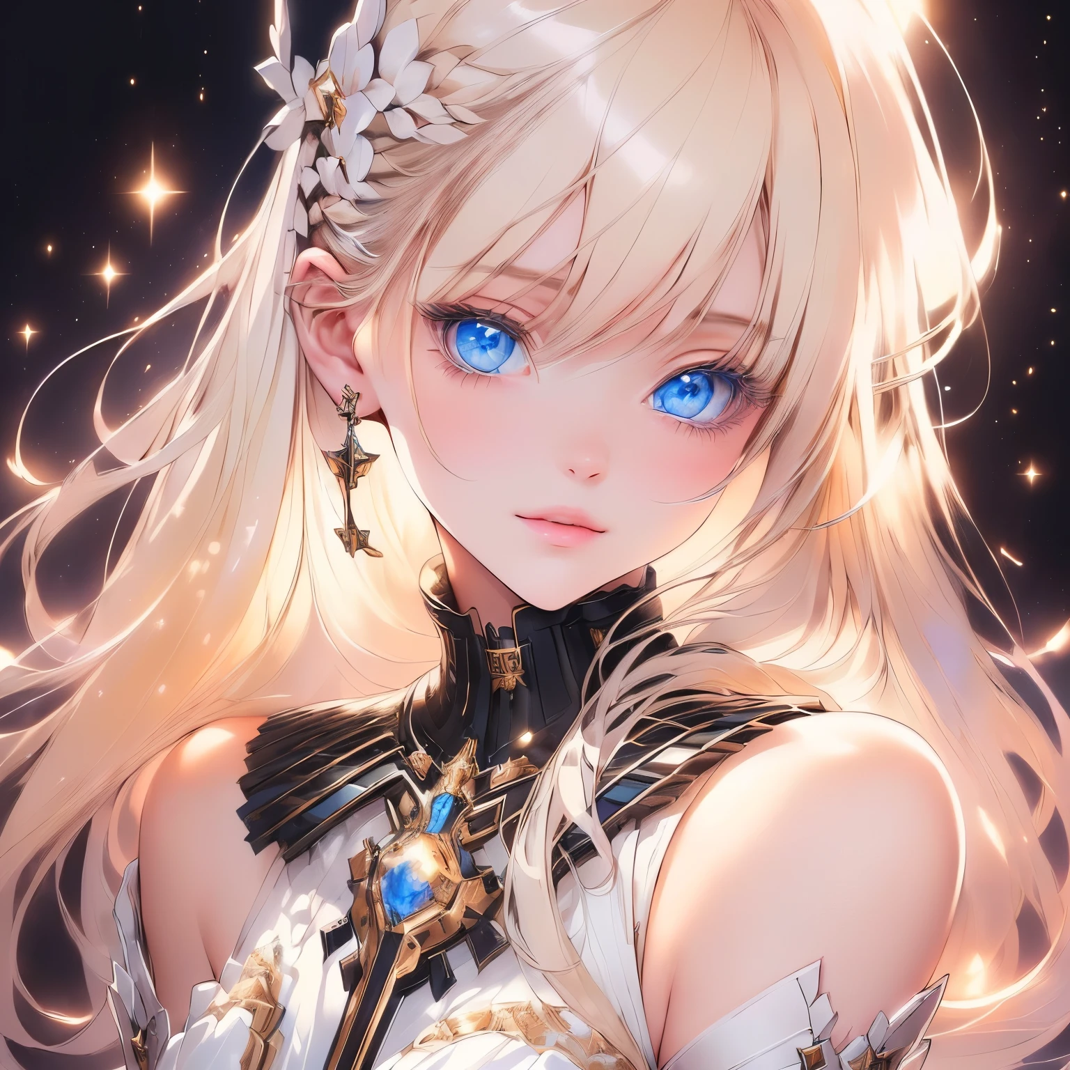 Beautiful ultra detailed illustration of a sci fi blonde woman, cute, amazingly girly. Blue eyes. Cute. anime girl. e anatomy, very feminine pose. Image Guidance only for a style of haircut. hair slightly below shoulder level. Gorgeous features . Hyper detailed. High definition. painted realism, photorealistic, 8k, fantasy digital art, HDR, UHD.