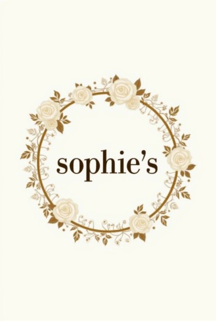 A round logo with a name "sophie's" and with roses around in white and gold