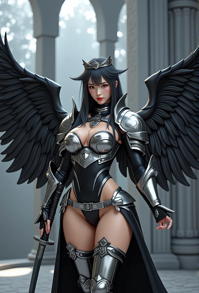 1fullbodyimage of a extremely cute Japanese young woman with albino skin and flowing hair, wide hips, well rounded legs, in a black and silver miniskirt outfit with black wings wielding a katana, Beautiful round breasts, Glossy lips, Perfect abs, (Perspectiveal), Tight waist, Inner seam, hourglass body shape, navel, Blush, Voluptuous, huge breasts, tight top, beautiful dark angel girl, warrior angel, villainess has black angel wings, angel knight gothic girl, angel in glossy metallic black and silver armor, crown in armour, stuning fantasy 3 d render, angel knight girl, cinematic volumetric lighting, ultra realistic, shot with Sony Fx6, (Glossy albino skin: 0.8), (Masterpiece: 1.4), (Best quality: 1.4), Natural(Big:1.25), Glossy lips, Perfect abs, (Perspectiveal), Tight waist, Inner seam, hourglass body shape, navel, Blush, Voluptuous, huge breasts, tight top, cinematic volumetric lighting