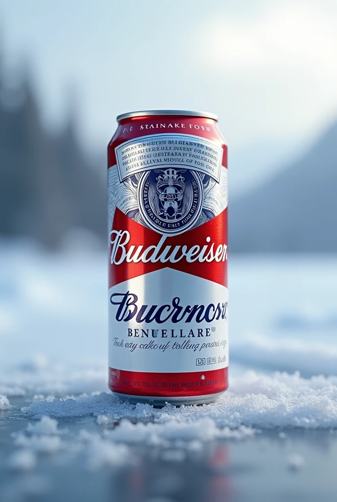 photography realistic, announcement, from front view, Products, A realistic 269ml can of Budweiser Beer, soft light and blurred background, icy landscape, High details, sharpening, sharp contrast, focus on the Products,