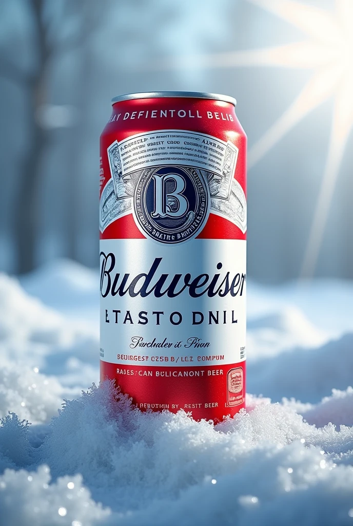 photography realistic, announcement, from front view, Products, A realistic 269ml can of Budweiser Beer, soft light and blurred background, icy landscape, High details, sharpening, sharp contrast, focus on the Products,