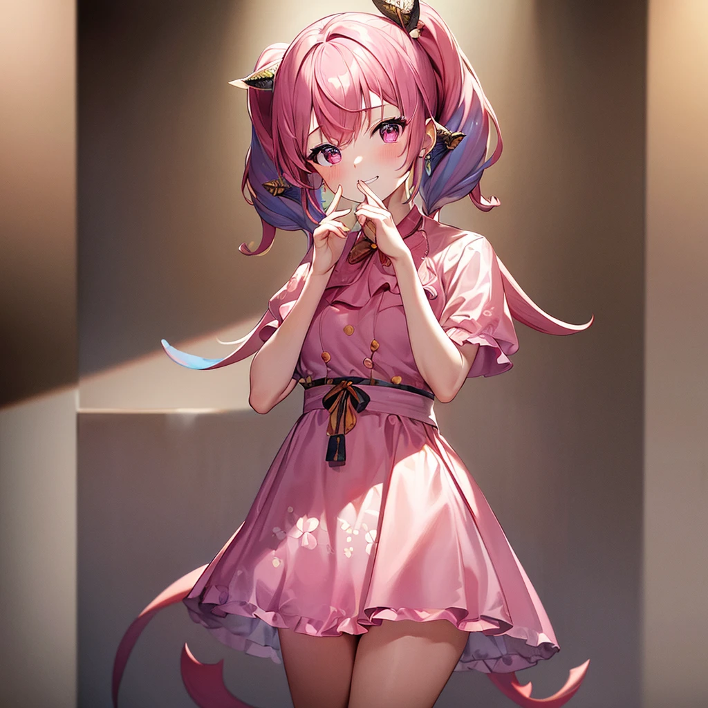 masterpiece,16k,raw photo,textured skin,very cute face,detail face,super detail,very detail hair,cute girl,high quality,best quality,correct,accurate:1.2),1girl, Laugh with your hands in your mouth, Put your face forward,laugh,(pink hair,twin tail,Make a fool)