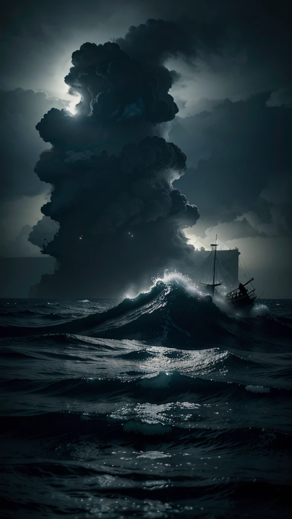 A stormy, dark sea within the Bermuda Triangle at night. An old ship is caught in massive waves, surrounded by a thick, unnatural fog. Above the ship, mysterious, shadowy figures or floating vessels can be faintly seen through flashes of lightning. The sky is illuminated by a strange, eerie light, and beneath the water, glowing shapes suggest something enormous and sinister lurking below. The scene is filled with tension, dread, and the terrifying unknown, evoking the chilling mystery of the Bermuda Triangle