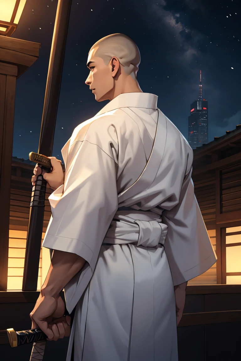 (SFW),((1 man has a katana in each hand:1.8,two beautiful katana:1.6,two katanas are unsheathed)),night city:1.0,(8k,masterpiece:2.0,anime:1.6,realistic:1.4,best quality,ultra high resolution,ultra-detailed,beautiful illstration),((1 man is 30years old,muscle:1.2,back to the viewer,buzz cut:1.2,white kimono:1.4,black hakama:1.5)),perfect white kimono:1.2,perfect black hakama:1.6,