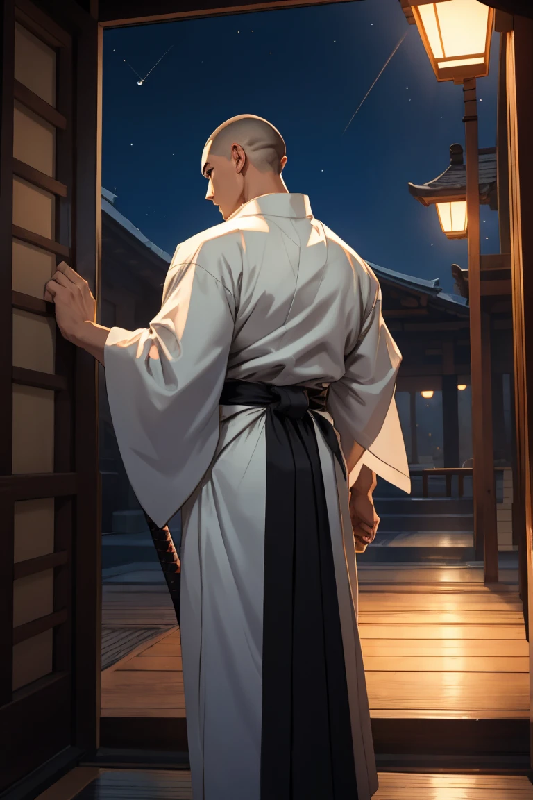 (SFW),((1 man has a katana in each hand:1.8,two beautiful katana:1.6,two katanas are unsheathed)),night city:1.0,(8k,masterpiece:2.0,anime:1.6,realistic:1.4,best quality,ultra high resolution,ultra-detailed,beautiful illstration),((1 man is 30years old,muscle:1.2,back to the viewer,buzz cut:1.2,white kimono:1.4,black hakama:1.5)),perfect white kimono:1.2,perfect black hakama:1.6,