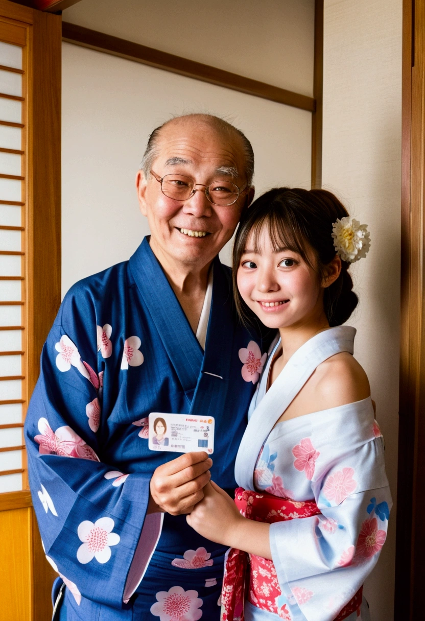 A photo taken in a narrow hotel room。A slender, big-eyed, beautiful high school girl in an off-shoulder yukata faces forward, her eyes welling up with tears as she shows her student ID card.。A fat, grinning old man hugs a girl in a yukata from behind