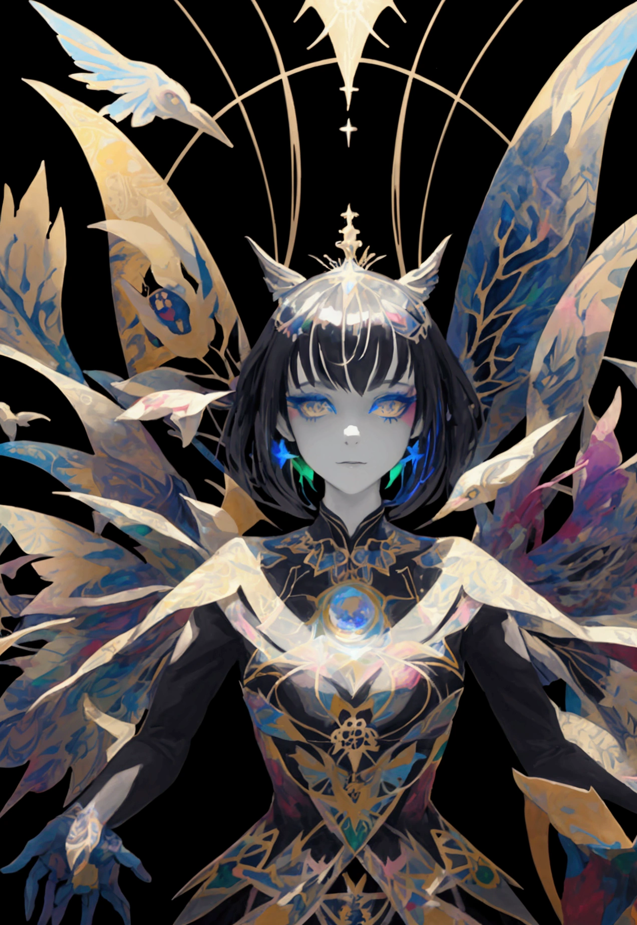 A fusion of watercolor and oil painting, A fusion of paper cutting and shadow art, Mixing monochrome and color, merry-go-round、kaleidoscope、The magic circle fused, puppet show using black shadow puppets, Colorful colors, Shading Effects, Gradient Magic Effect, Fog filter effect, Glitter effect, (Super detailed, The absolute solution, Highest quality:1.3), 2.5D, delicate and dynamic, Artistic photography, Ultra-realistic, Graphic CG Digital Fantasy Art