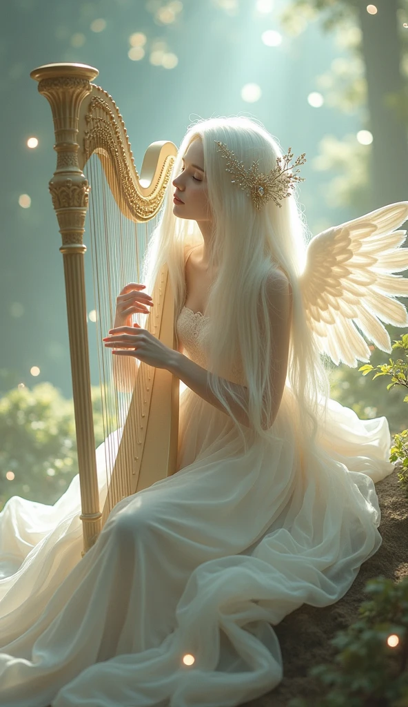This image depicts a serene, ethereal scene featuring a delicate figure playing a harp. The character appears otherworldly, with pale skin and long, flowing white hair adorned with intricate, shimmering accessories. The setting seems to be a dreamy, celestial environment, filled with soft, glowing lights that enhance the magical ambiance. The figure's clothing is equally ethereal, with light, translucent fabric that adds to the otherworldly, almost angelic feel of the image.