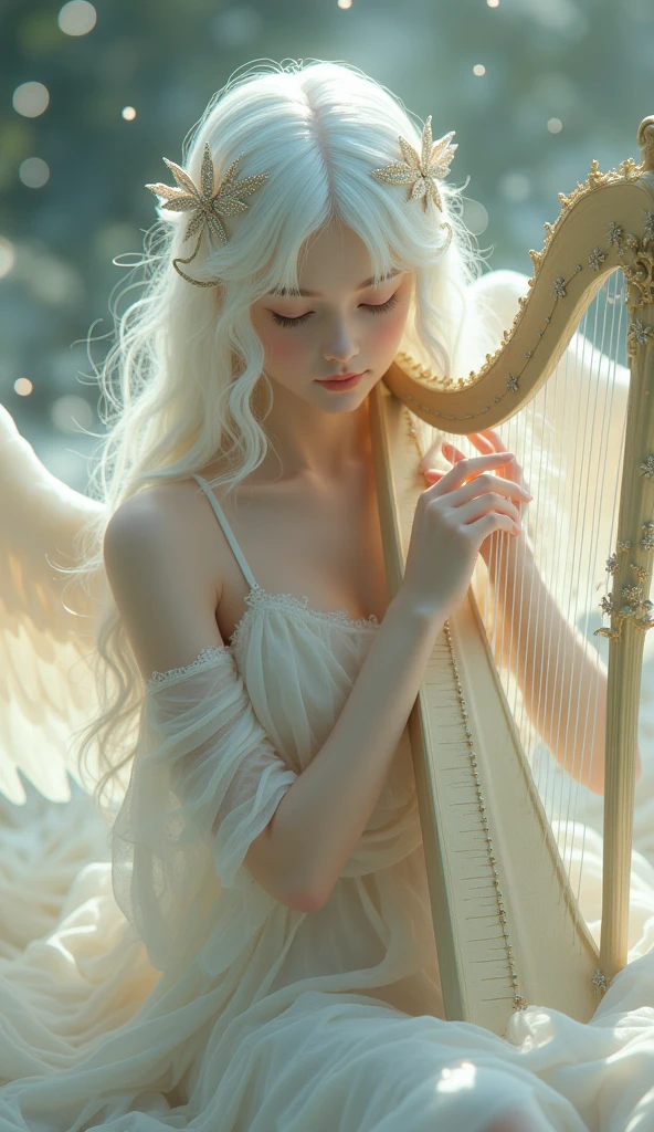 This image depicts a serene, ethereal scene featuring a delicate figure playing a harp. The character appears otherworldly, with pale skin and long, flowing white hair adorned with intricate, shimmering accessories. The setting seems to be a dreamy, celestial environment, filled with soft, glowing lights that enhance the magical ambiance. The figure's clothing is equally ethereal, with light, translucent fabric that adds to the otherworldly, almost angelic feel of the image.