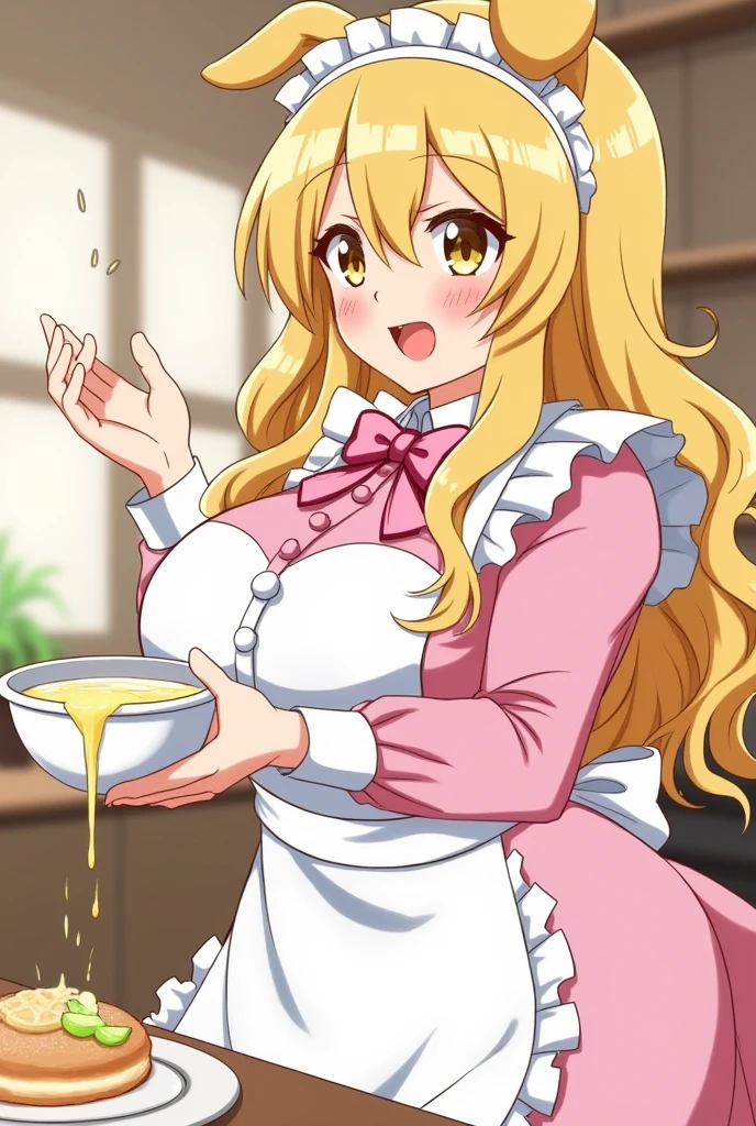 best quality, masterpiece, highres, solo, {ashigara_kantaicollection:1.15}, long_hair, blonde_hair, curly_hair, honey_eyes, dog_ears, breasts, open_mouth, wavy_hair, blush, large_breasts, hair_between_eyes, 1girl, apron, maid_outfit, food, holding_bowl, liquid_batter, maid, maid_cafe, bowl, batter, upper_body, alternate_hairstyle, fang, action_shot, tripping, spilling_batter, spilling_bowl, lose_control, clumsy, cozy, pink_and_white_outfit, pink_bow, white_apron :d, bangs, shirt, pink_shirt, ribbons, bows