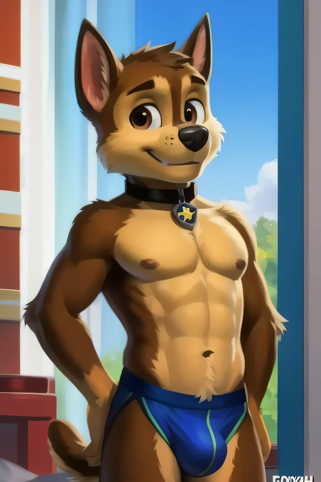 detailed fluffy fur texture, impasto impressionism, (by foxovh, ross tran, michael garmash, pino daeni, iskra), detailed eyes, highly detailed pupils, single, furry, anthro, Chase-pp, domestic dog, male, brown eyes, brown fur, light brown body, fur body, completely shirtless showing his body, detailed texture of fluffy fur, curvy, wide hips, furry inner ears, front view, standing, apartment background, day, 1 kid, smile, cumshot on the face, big pectorals, good abdomen, muscular, big bulge, looking at the viewer.