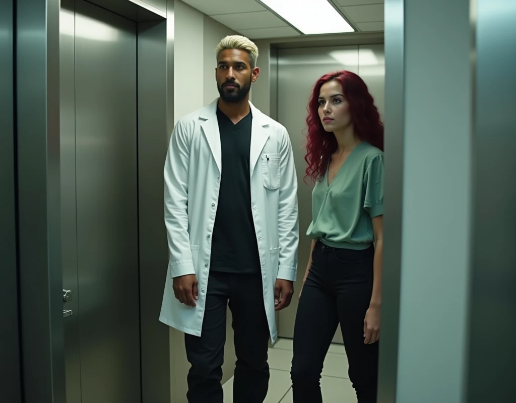 attractive Arabic man (216cm tall:1.8), platinum blond wavy swept-back crew cut, dark skin, long black stubble, white lab coat, black t-shirt, black cargo pants, black boots, standing inside elevator next to a 170cm tall young woman, vibrant maroon side-parted long curly hair, very pale skin, soft green silk work blouse, low-rise black pants and black boots, hip shot, cinematic
