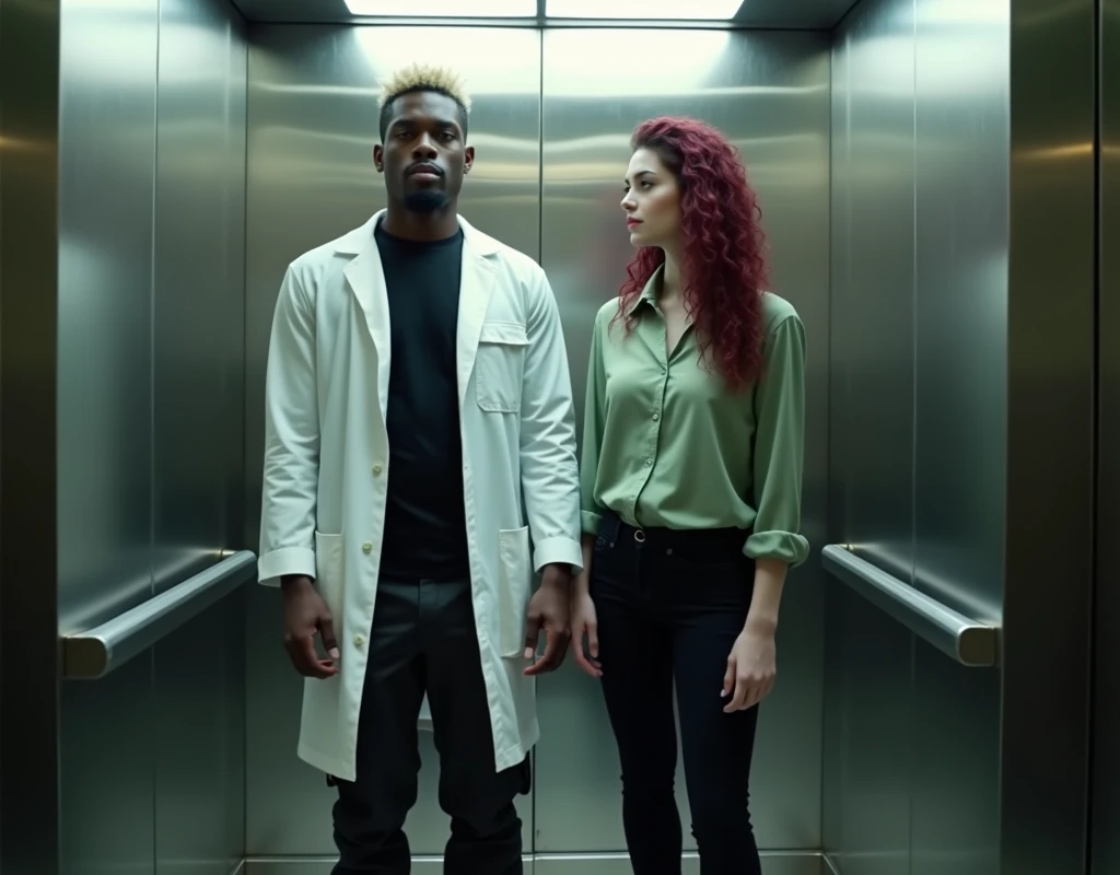 attractive Arabic man (216cm tall:1.8), platinum blond wavy swept-back crew cut, dark skin, long black stubble, white lab coat, black t-shirt, black cargo pants, black boots, standing inside elevator next to a 170cm tall young woman, vibrant maroon side-parted long curly hair, very pale skin, soft green silk work blouse, low-rise black pants and black boots, hip shot, cinematic