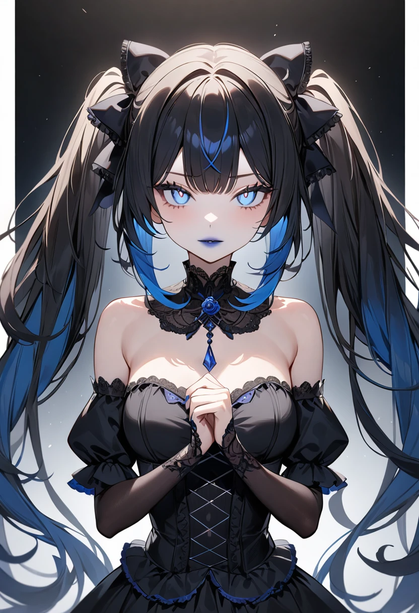 (masterpiece, top quality, very aesthetic, 4k、illustration), intricate detail, 1woman,solo,contrapposto 、Strong glowing eyes、Fair skin,(upper body)、cute look 、twintails、(Blue lipstick),beautiful face、(gradient hair)、multicolored hair,middle hair,sidelock ,blue　eyes、gothic lolita dress、medium breasts、slender 、