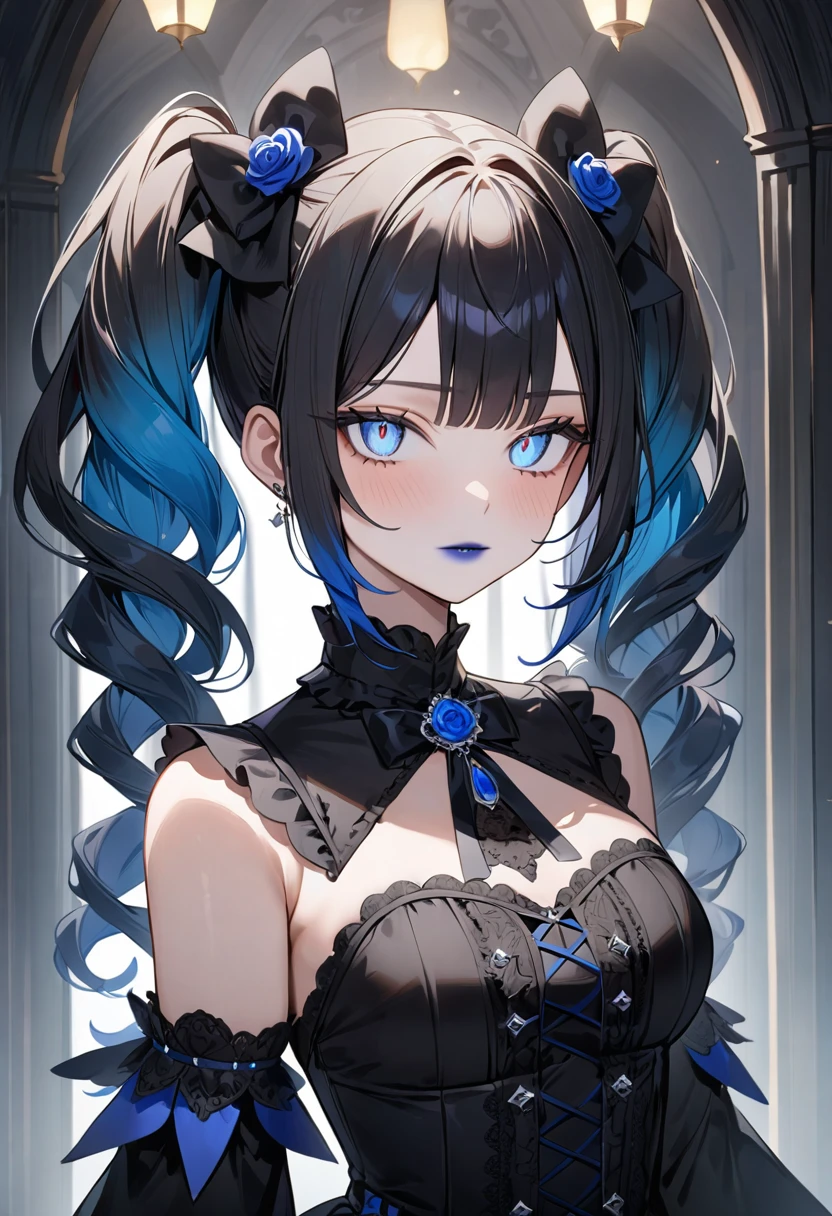 (masterpiece, top quality, very aesthetic, 4k、illustration), intricate detail, 1woman,solo,contrapposto 、Strong glowing eyes、Fair skin,(upper body)、cute look 、twintails、(Blue lipstick),beautiful face、(gradient hair)、multicolored hair,middle hair,sidelock ,blue eyes、gothic lolita dress、medium breasts、slender 、