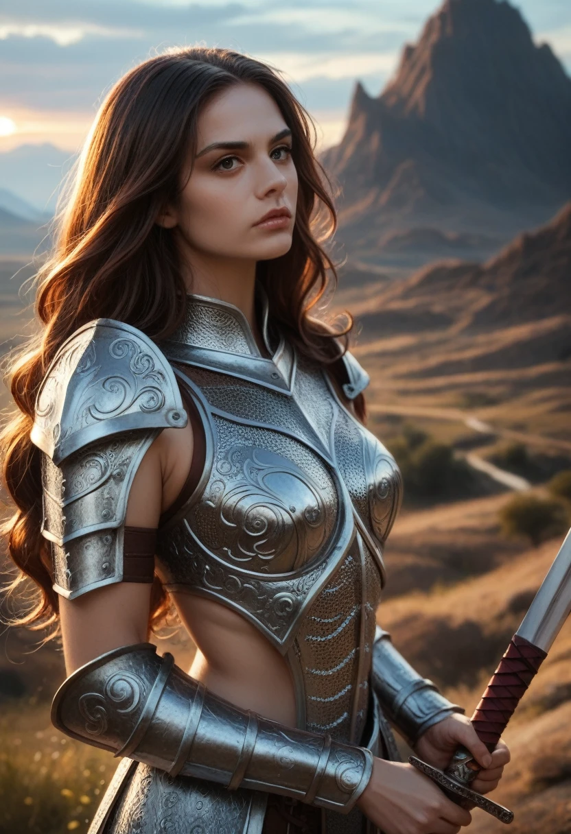 A fierce warrior girl, intricate fur armor, detailed face and eyes, long flowing hair, fierce expression, holding a large sword, dramatic lighting, fantasy landscape, cinematic composition, epic fantasy, highly detailed, photorealistic, 8k, boobs out