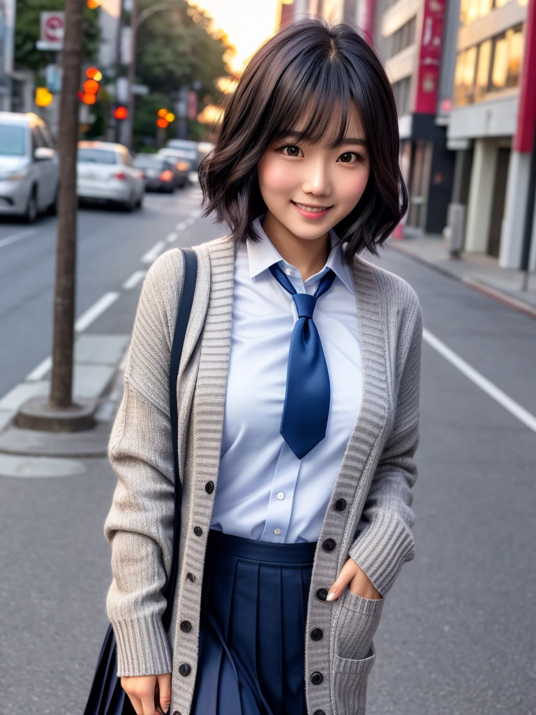 product quality, 1girl, upper body shot, front view, a Japanese young pretty woman, medium bob hair, walking with a big smile on a crowded sidewalk in the sunset, carrying a school bag over her shoulder, glamorous figure, wearing a long length gray knitted cardigan over a white collared silky shirt with shiny satin dark blue plain long tie, wearing a dark blue pleated long skirt, hyper cute face, glossy lips, double eyelids in both eyes, natural makeup, long eyelashes, shiny smooth light brown medium bob hair, asymmetrical bangs, a tanned skin, central image, high resolution, high detail, detailed hairstyle, detailed face, spectacular cinematic lighting, octane rendering, vibrant, hyper realistic, perfect limbs, perfect anatomy