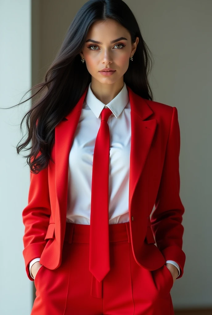 Portrait, Beauty Woman, Focus Camera, Black Hair, Long Hair, Earring, Shirt White, Blazer Red, Tie Red, model pose, hands in trouser pockets