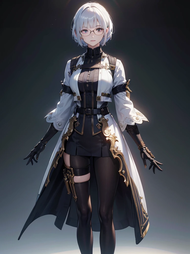 Attention,In the spotlight,(Colored Background) (Beautiful attention to detail: 1.2), (Highly detailed CG Unity 8K wallpapers, masterpiece, Highest quality, Very detailed, Best Shadow), (Detailed Background), White jacket short hair, ,arms(Giant gauntlet),alone ,Pale Hair,Pale eyes,One person, tall, Wearing glasses that block out vision