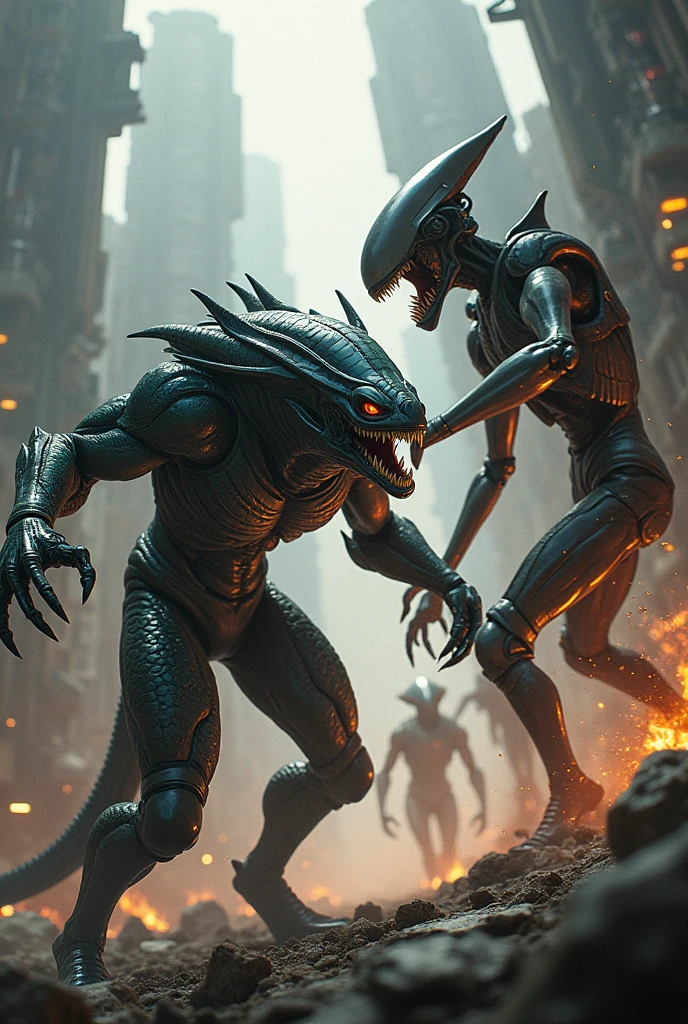 Alien fighting predator night city