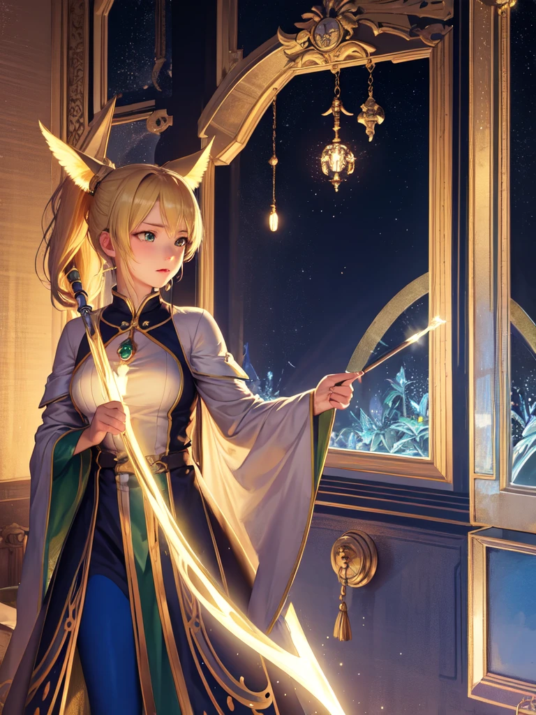 (Ultra extreme detailed),(Masterpiece),(Ultra extreme),(Realistic),CG,(color:1.2), Strong lighting,Light from behind,evaluation:Safety,A blonde person alone, color,Blonde ponytail,Green Eyes,水color shrite,short_Magic Robe Costume、、Gemstone pendant、Tights Knee Socks、is emitting thunder、Magical girl、Magic wand、Book、Castle Background、ear、獣ear、tail