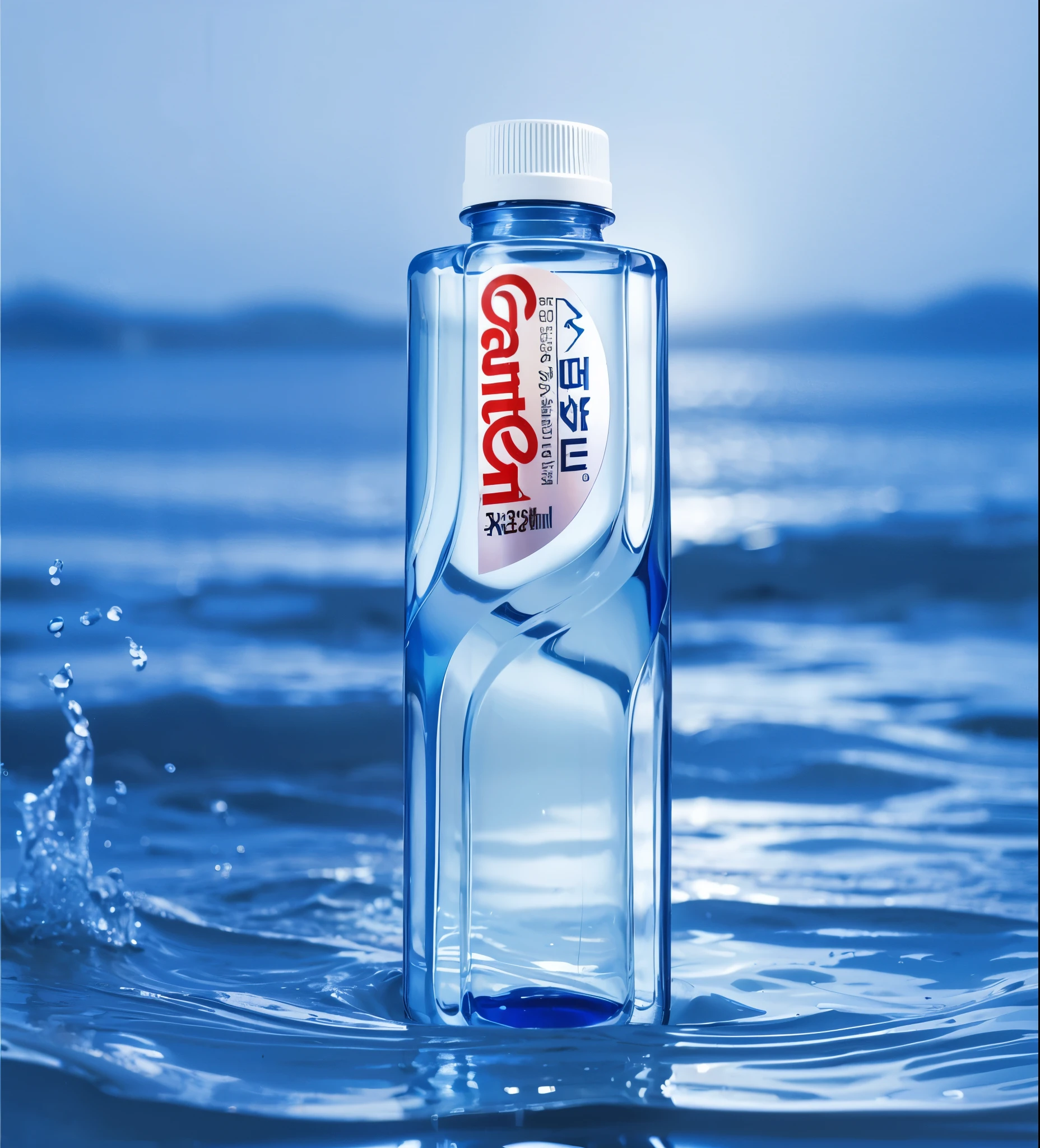 Product photography, water bottle product design, "Bell sino" brand name text is written on the front of transparent plastic packaging with white cap and pure blue background. The bottom half features water waves and splashes. A clear label hangs at chest height below the neck, with high-definition photography, bright colors, high saturation, sharp focus, wide-angle lens, natural light, sparkling effect, fresh color scheme, and clean environment.,,in